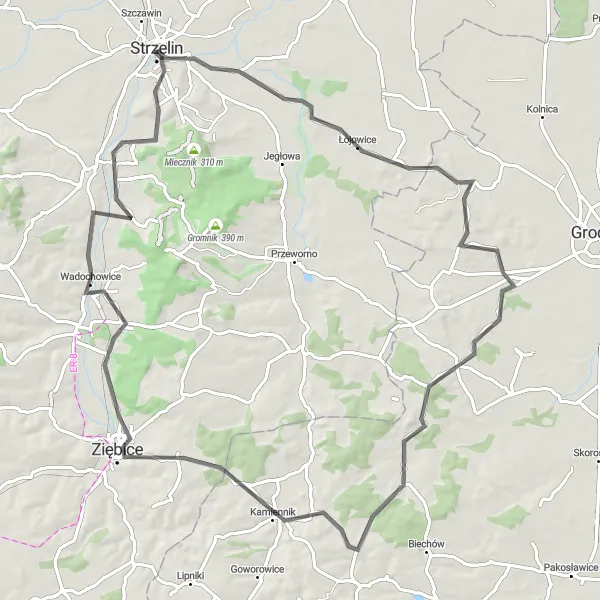 Map miniature of "Strzelin - Harchalowa Górka - Bogdanów - Kamiennik - Kaplicznik - Glinica - Gęsiniec - Jaworzyna Śląska - Strzelin" cycling inspiration in Dolnośląskie, Poland. Generated by Tarmacs.app cycling route planner