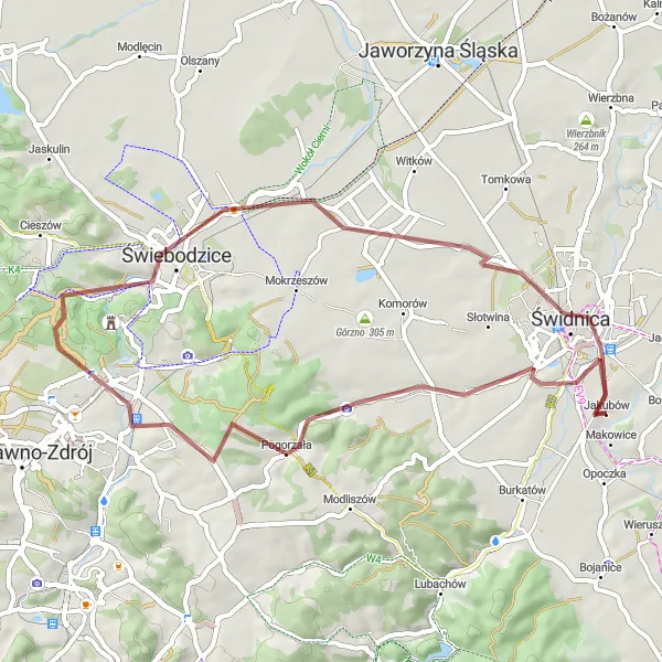 Map miniature of "Gravel Expedition: Świdnica to Świdnica" cycling inspiration in Dolnośląskie, Poland. Generated by Tarmacs.app cycling route planner