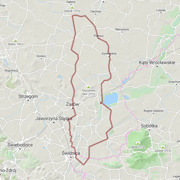 Map miniature of "Discover Świdnica's Gravel Pathways" cycling inspiration in Dolnośląskie, Poland. Generated by Tarmacs.app cycling route planner