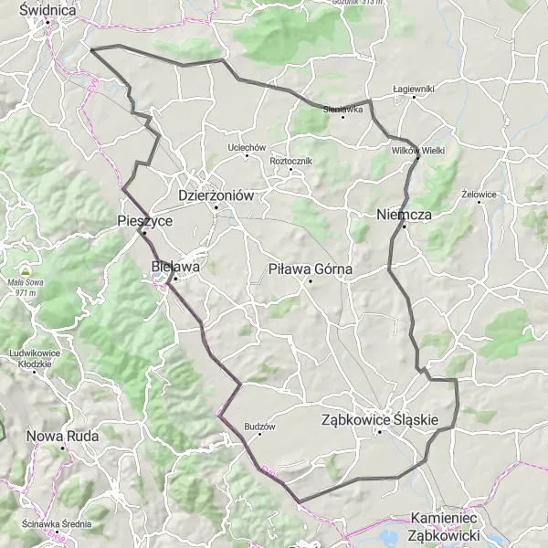 Map miniature of "Scenic Road Adventure: Świdnica to Kamionek" cycling inspiration in Dolnośląskie, Poland. Generated by Tarmacs.app cycling route planner