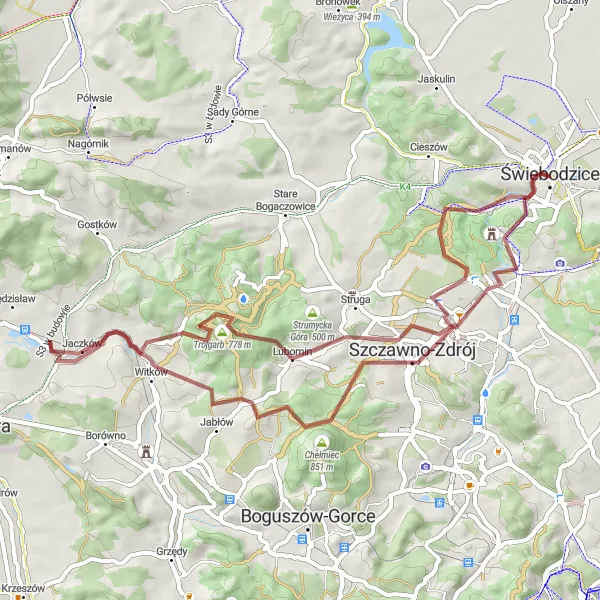 Map miniature of "The Gravel Adventure" cycling inspiration in Dolnośląskie, Poland. Generated by Tarmacs.app cycling route planner