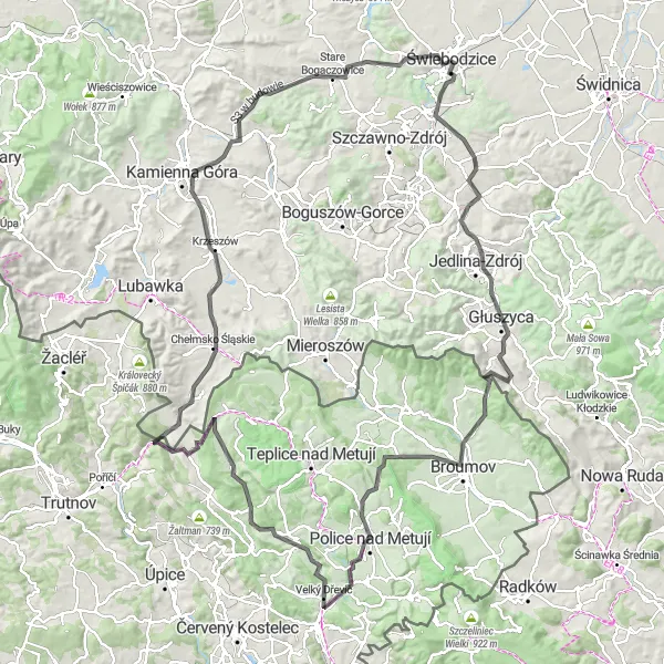 Map miniature of "Świebodzice Epic Road Cycling Adventure" cycling inspiration in Dolnośląskie, Poland. Generated by Tarmacs.app cycling route planner