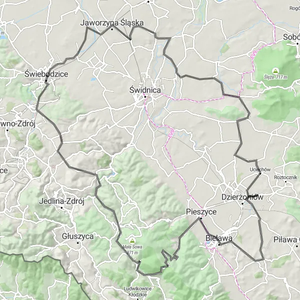 Map miniature of "The Road Less Traveled" cycling inspiration in Dolnośląskie, Poland. Generated by Tarmacs.app cycling route planner