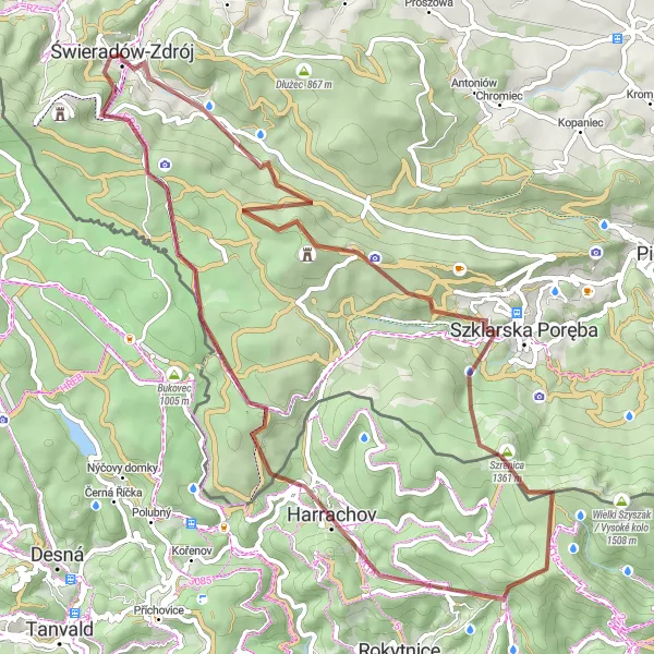 Map miniature of "Epic Gravel Challenge - Świeradów-Zdrój to Harrachov" cycling inspiration in Dolnośląskie, Poland. Generated by Tarmacs.app cycling route planner