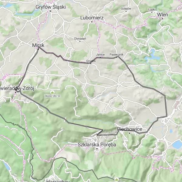 Map miniature of "Wyrwak and Mirsk Route" cycling inspiration in Dolnośląskie, Poland. Generated by Tarmacs.app cycling route planner