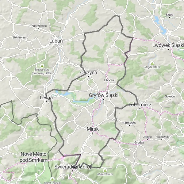Map miniature of "Cultural Landmarks and Challenging Climbs" cycling inspiration in Dolnośląskie, Poland. Generated by Tarmacs.app cycling route planner