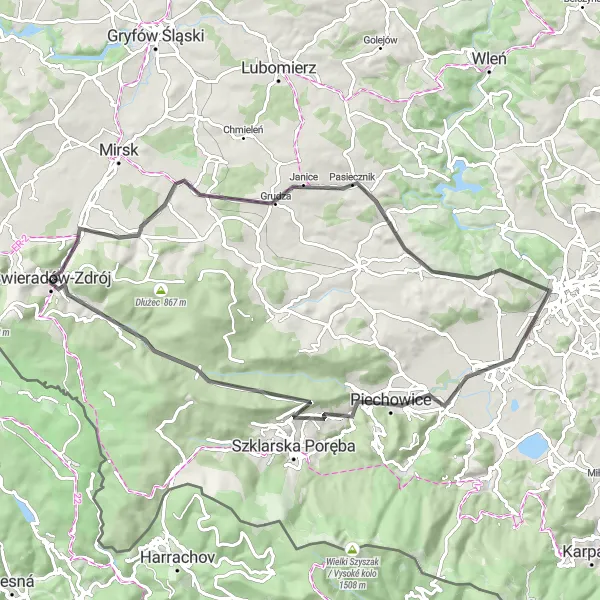 Map miniature of "Challenging Hills and Hidden Gems" cycling inspiration in Dolnośląskie, Poland. Generated by Tarmacs.app cycling route planner