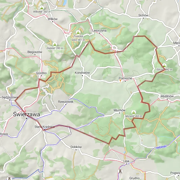 Map miniature of "The Gravel Escape" cycling inspiration in Dolnośląskie, Poland. Generated by Tarmacs.app cycling route planner