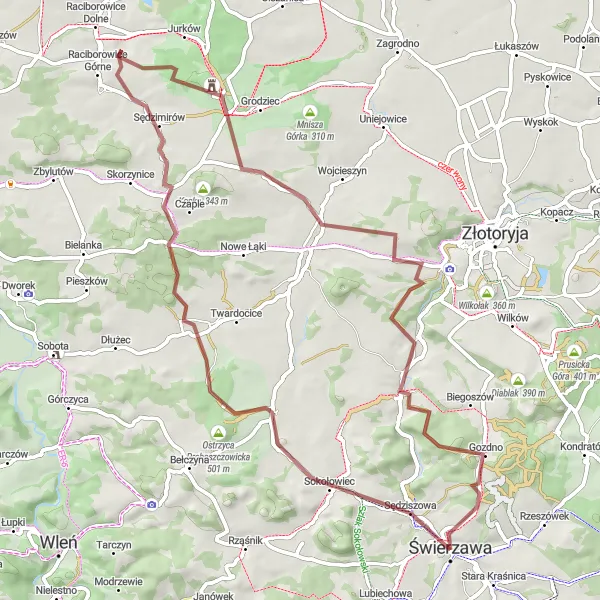 Map miniature of "Sędziszowa Loop" cycling inspiration in Dolnośląskie, Poland. Generated by Tarmacs.app cycling route planner