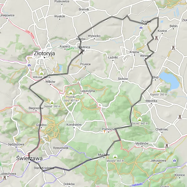 Map miniature of "The Świerzawa Adventure" cycling inspiration in Dolnośląskie, Poland. Generated by Tarmacs.app cycling route planner