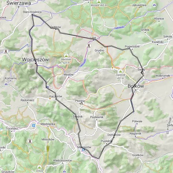 Miniatura mapy "Trasa do Wojcieszowa i Młynicy" - trasy rowerowej w Dolnośląskie, Poland. Wygenerowane przez planer tras rowerowych Tarmacs.app