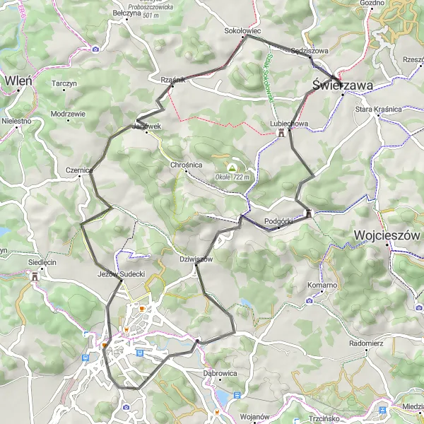 Map miniature of "Sokołowiec Road Loop" cycling inspiration in Dolnośląskie, Poland. Generated by Tarmacs.app cycling route planner