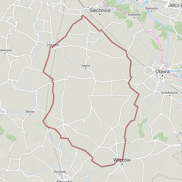 Map miniature of "Gravel Route through Goliny, Bocianie Gniazdo, Wiejnik, and Turów" cycling inspiration in Dolnośląskie, Poland. Generated by Tarmacs.app cycling route planner