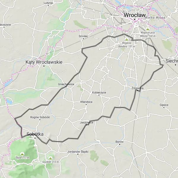 Map miniature of "Tworzyjanów Hills Loop" cycling inspiration in Dolnośląskie, Poland. Generated by Tarmacs.app cycling route planner