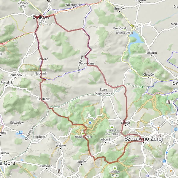 Map miniature of "Trails of Szczawno" cycling inspiration in Dolnośląskie, Poland. Generated by Tarmacs.app cycling route planner