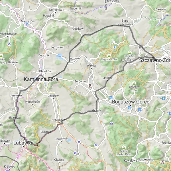 Map miniature of "The Scenic Loop" cycling inspiration in Dolnośląskie, Poland. Generated by Tarmacs.app cycling route planner