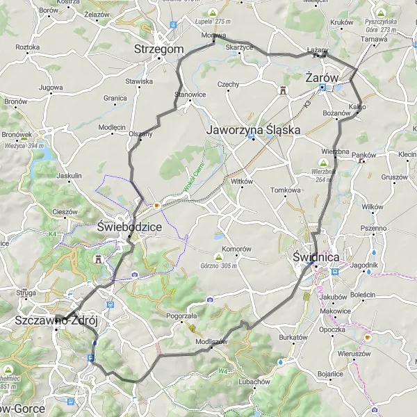 Miniatura mapy "Przez Wiejskie Drogi" - trasy rowerowej w Dolnośląskie, Poland. Wygenerowane przez planer tras rowerowych Tarmacs.app