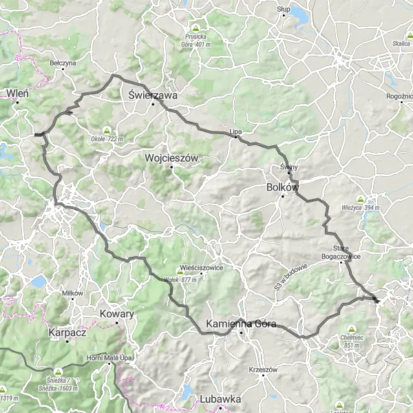 Map miniature of "The Road Challenge" cycling inspiration in Dolnośląskie, Poland. Generated by Tarmacs.app cycling route planner