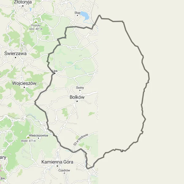 Map miniature of "Sas Loop" cycling inspiration in Dolnośląskie, Poland. Generated by Tarmacs.app cycling route planner