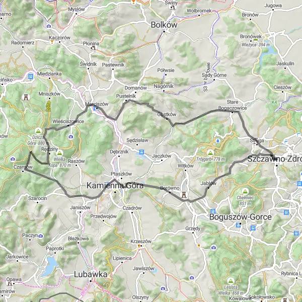 Map miniature of "Jabłów Adventure" cycling inspiration in Dolnośląskie, Poland. Generated by Tarmacs.app cycling route planner