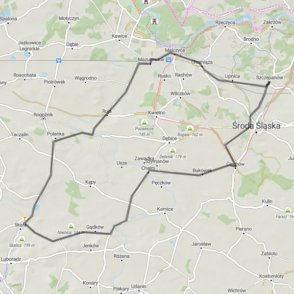 Miniatura mapy "Trasa przez Kalica i Tyniec Legnicki" - trasy rowerowej w Dolnośląskie, Poland. Wygenerowane przez planer tras rowerowych Tarmacs.app