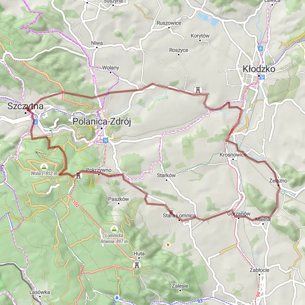 Map miniature of "Szczytna and Przełęcz Sokołowska Gravel Route" cycling inspiration in Dolnośląskie, Poland. Generated by Tarmacs.app cycling route planner