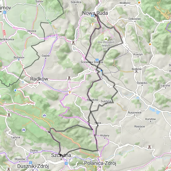 Miniatura mapy "Trasa widokowa Śrebrna Góra" - trasy rowerowej w Dolnośląskie, Poland. Wygenerowane przez planer tras rowerowych Tarmacs.app