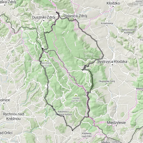 Map miniature of "Orlické Scenic Ride" cycling inspiration in Dolnośląskie, Poland. Generated by Tarmacs.app cycling route planner