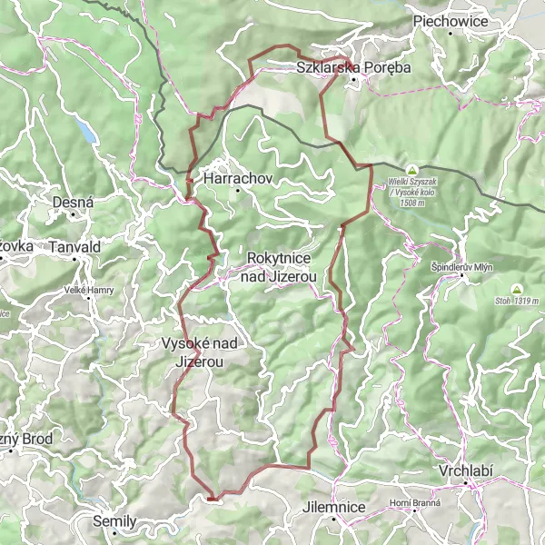 Map miniature of "Gravel Adventure in the Karkonosze" cycling inspiration in Dolnośląskie, Poland. Generated by Tarmacs.app cycling route planner