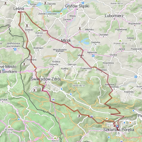 Map miniature of "Hidden Gems of the Karkonosze" cycling inspiration in Dolnośląskie, Poland. Generated by Tarmacs.app cycling route planner