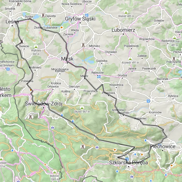 Map miniature of "The Kotlin Wódecki Loop" cycling inspiration in Dolnośląskie, Poland. Generated by Tarmacs.app cycling route planner