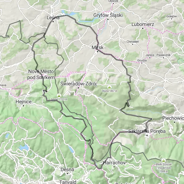 Map miniature of "The Mountain Waterfalls and Rock Formations Loop" cycling inspiration in Dolnośląskie, Poland. Generated by Tarmacs.app cycling route planner