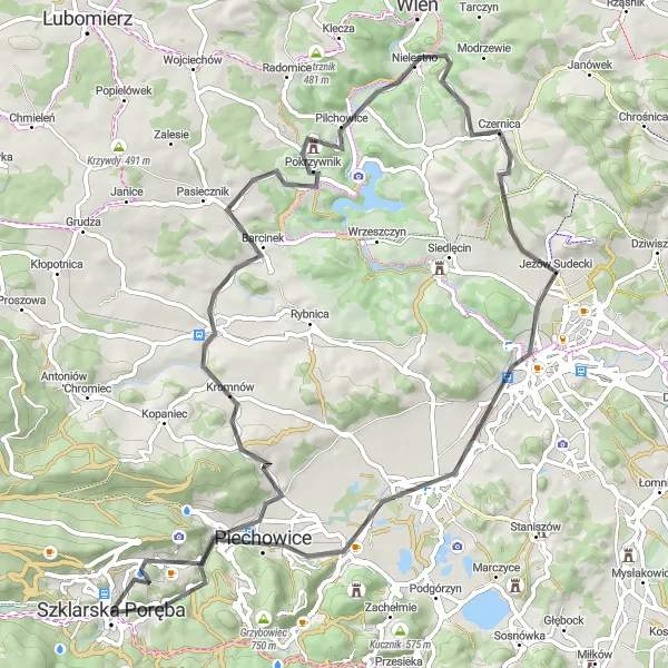 Map miniature of "The Skalnica Loop" cycling inspiration in Dolnośląskie, Poland. Generated by Tarmacs.app cycling route planner