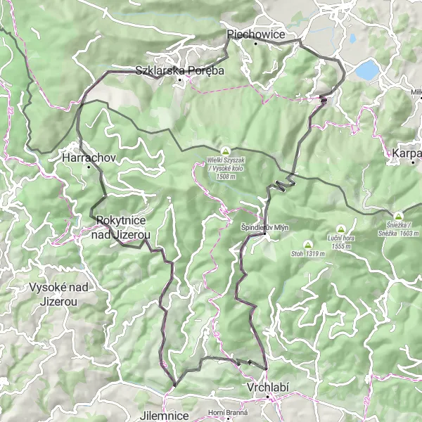 Map miniature of "Karkonosze Challenge" cycling inspiration in Dolnośląskie, Poland. Generated by Tarmacs.app cycling route planner