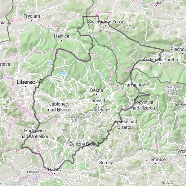 Map miniature of "The Jizera Valley Adventure" cycling inspiration in Dolnośląskie, Poland. Generated by Tarmacs.app cycling route planner