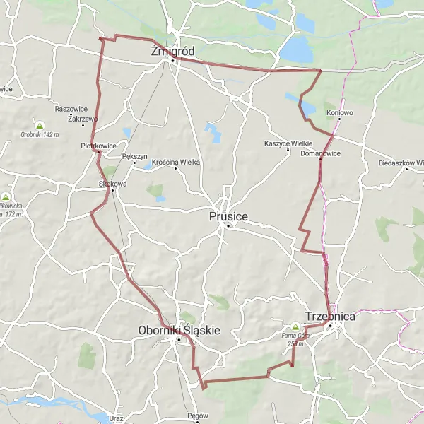 Miniatura mapy "Trzebnica - Lisia Góra - Oborniki Śląskie - Ruska Górka" - trasy rowerowej w Dolnośląskie, Poland. Wygenerowane przez planer tras rowerowych Tarmacs.app