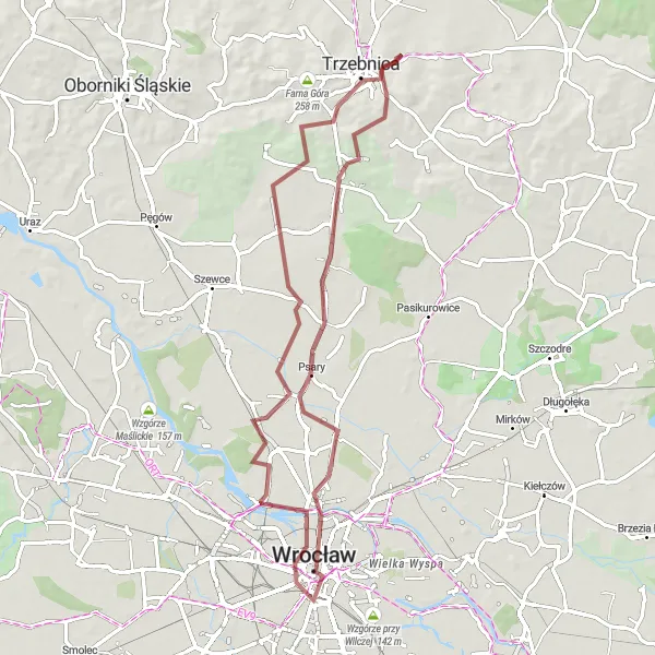 Map miniature of "Gravel Adventure from Trzebnica to Wrocław" cycling inspiration in Dolnośląskie, Poland. Generated by Tarmacs.app cycling route planner