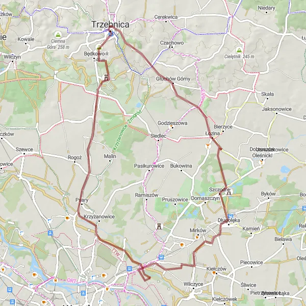 Miniatura mapy "Trasa rowerowa z Trzebnicy do Wiszni Małej" - trasy rowerowej w Dolnośląskie, Poland. Wygenerowane przez planer tras rowerowych Tarmacs.app