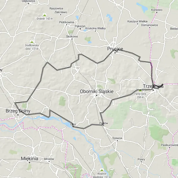 Map miniature of "Trzebnica Hill-Climbing Challenge" cycling inspiration in Dolnośląskie, Poland. Generated by Tarmacs.app cycling route planner