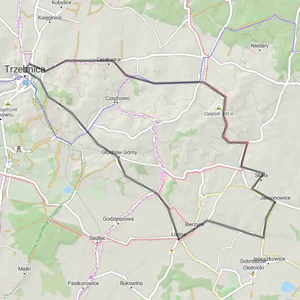 Map miniature of "Trzebnica and Raszowska Góra Loop" cycling inspiration in Dolnośląskie, Poland. Generated by Tarmacs.app cycling route planner