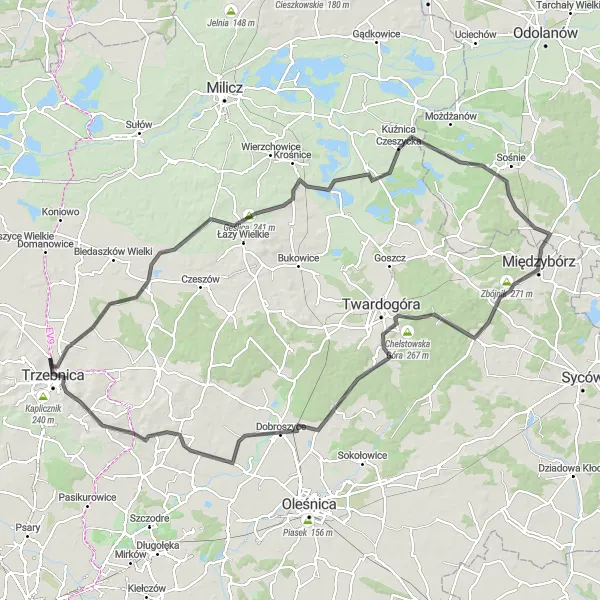 Miniatura mapy "Trzebnica - Skoroszów - Łaźniki - Pawłów - Zbójnik - Owczarek - Dobroszyce - Lednik - Stolno" - trasy rowerowej w Dolnośląskie, Poland. Wygenerowane przez planer tras rowerowych Tarmacs.app