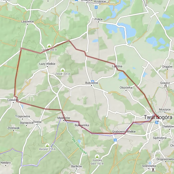 Miniatura mapy "Trasa szutrowa przez okolice Twardogóry" - trasy rowerowej w Dolnośląskie, Poland. Wygenerowane przez planer tras rowerowych Tarmacs.app