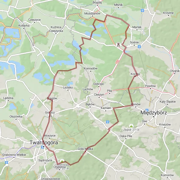 Map miniature of "Twardogóra - Chełstów Gravel Adventure" cycling inspiration in Dolnośląskie, Poland. Generated by Tarmacs.app cycling route planner