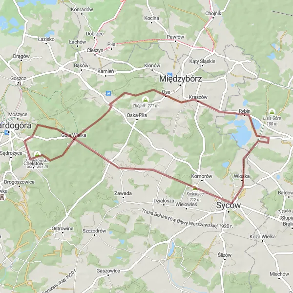 Map miniature of "Twardogóra - Syców Gravel Adventure" cycling inspiration in Dolnośląskie, Poland. Generated by Tarmacs.app cycling route planner