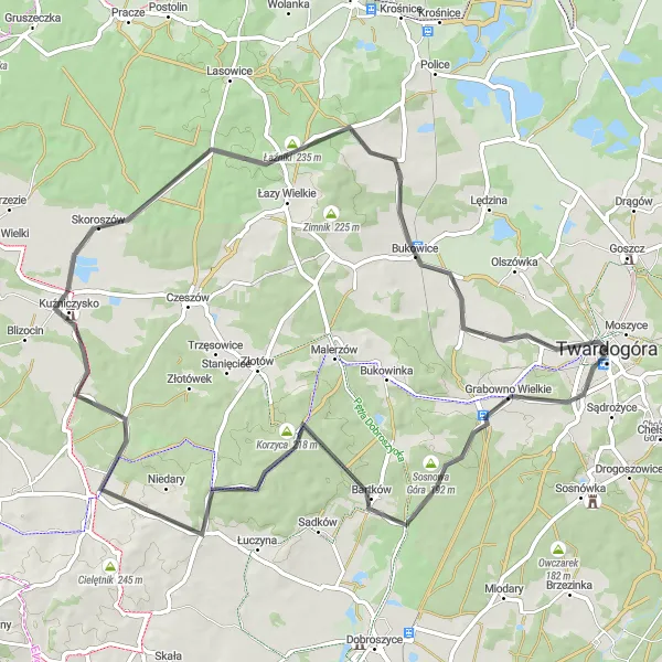 Map miniature of "Twardogóra Loop" cycling inspiration in Dolnośląskie, Poland. Generated by Tarmacs.app cycling route planner