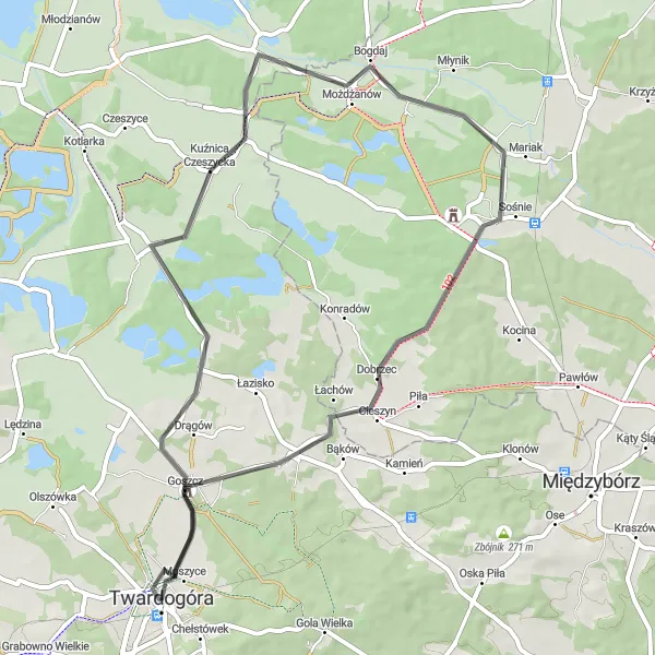 Map miniature of "Twardogóra - Kuźnica Czeszycka Loop" cycling inspiration in Dolnośląskie, Poland. Generated by Tarmacs.app cycling route planner