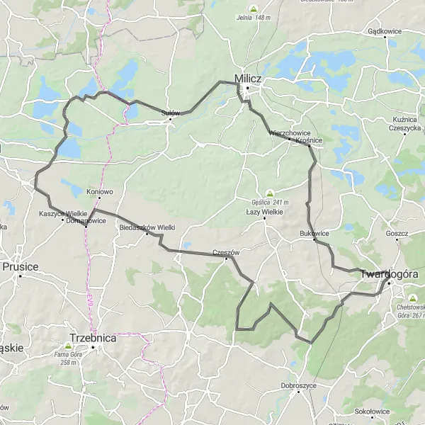 Map miniature of "Twardogóra - Sułów Loop" cycling inspiration in Dolnośląskie, Poland. Generated by Tarmacs.app cycling route planner