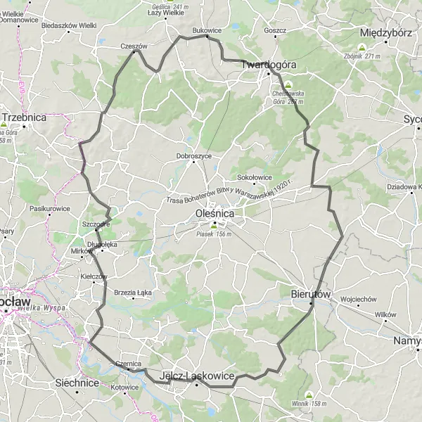 Miniatura mapy "Trasa rowerowa drogowa z Twardogóry do Ziebnik" - trasy rowerowej w Dolnośląskie, Poland. Wygenerowane przez planer tras rowerowych Tarmacs.app