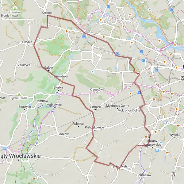 Map miniature of "Rustic Gravel Ride from Tyniec Mały" cycling inspiration in Dolnośląskie, Poland. Generated by Tarmacs.app cycling route planner