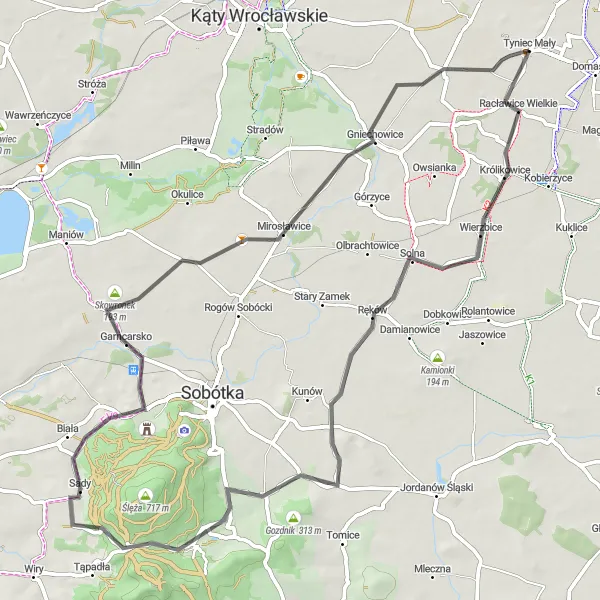 Map miniature of "Tyniec Mały - Cmentarne - Ręków - Kamiennik - Będkowice - Chwałków - Grzybek - Wojnarowice - Słonecznik - Gniechowice - Górka Majora" cycling inspiration in Dolnośląskie, Poland. Generated by Tarmacs.app cycling route planner